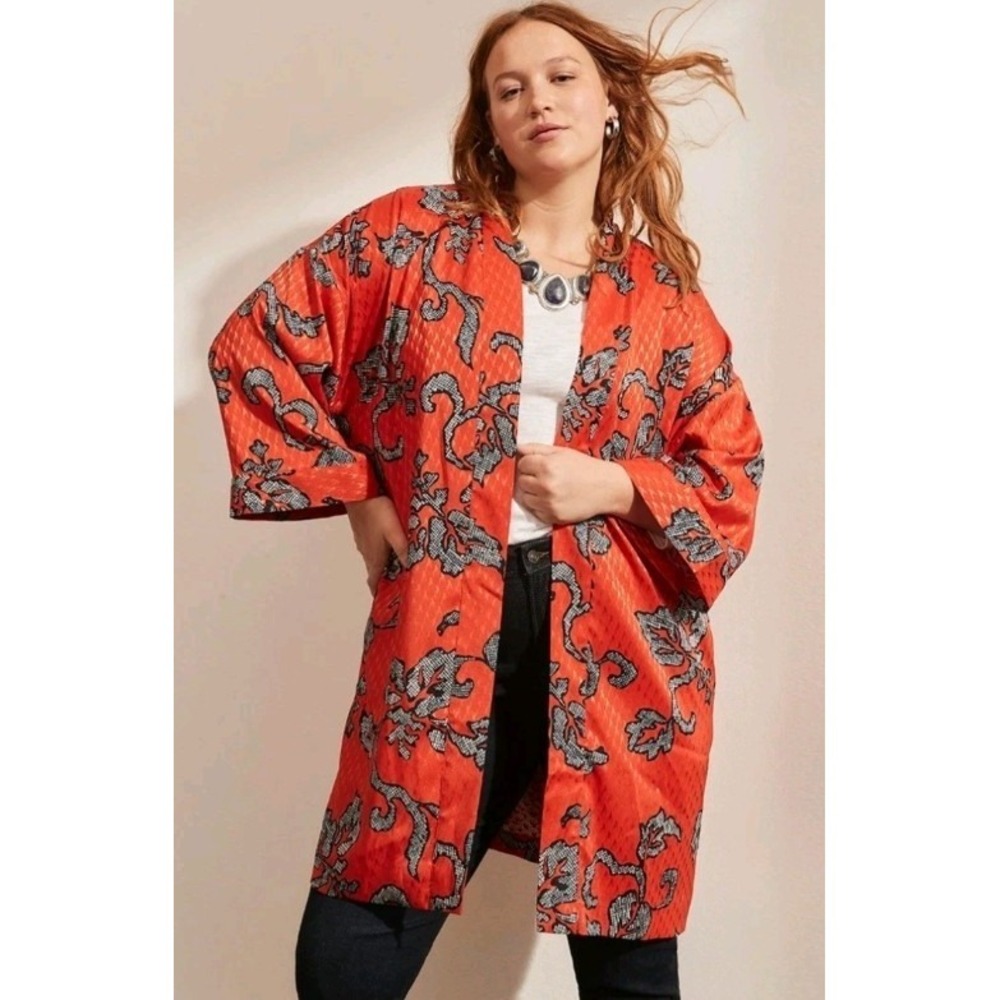 Chicos Orient Bliss Jacquard Orange‎ Spice Kimono Jacket Size 1 Med US 8/10